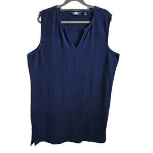 Lands End Women's Size L Swimsuit Cover Up Tunic Dress Blue 100% Cotton Crepe